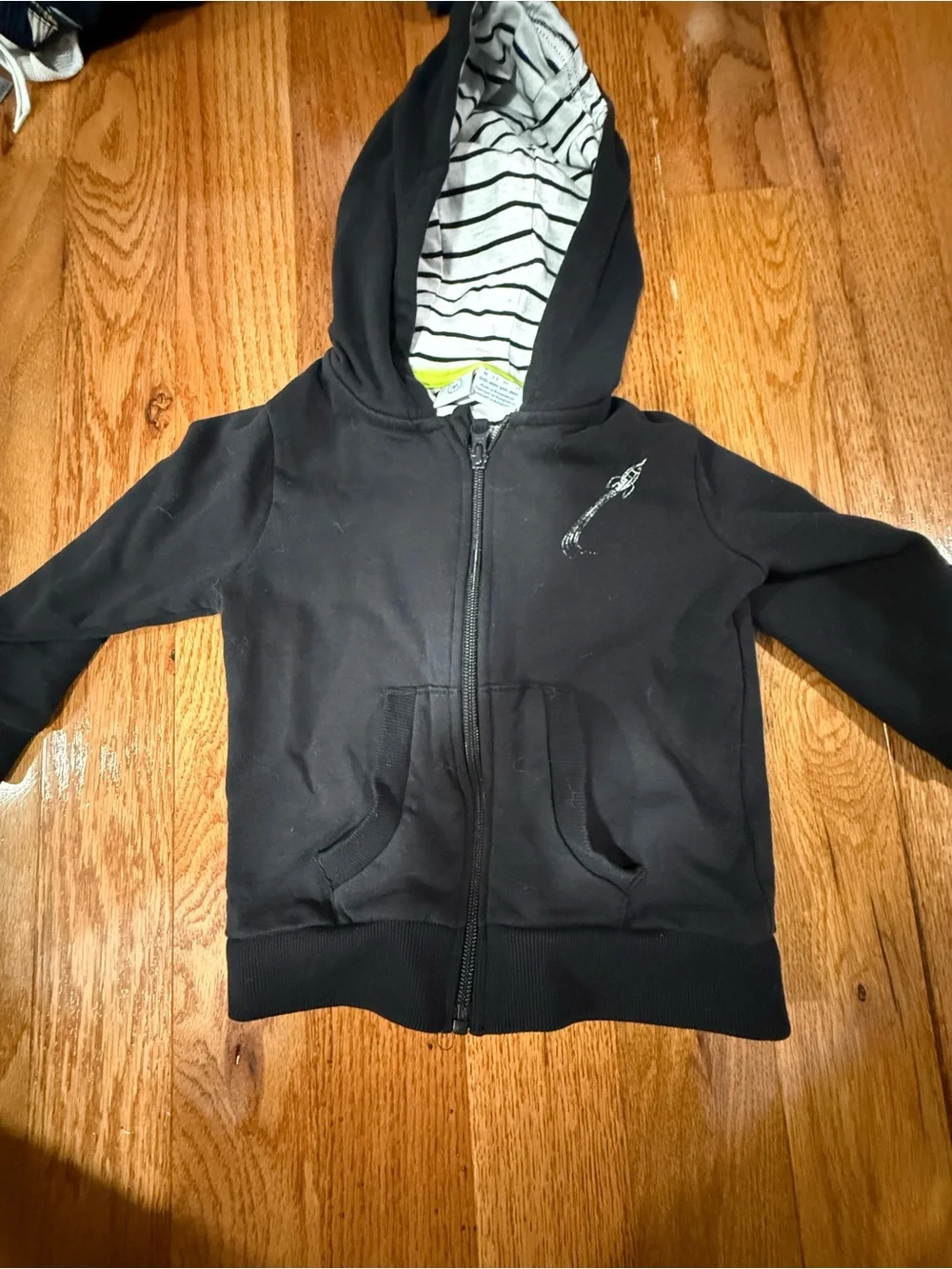 Kids Black Zip Hoodie with Space Rocket Graphic